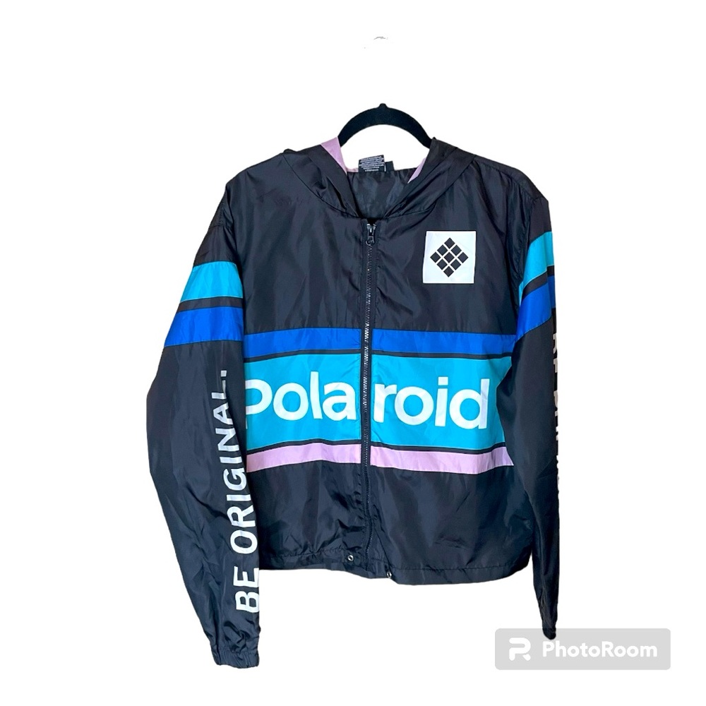 Polaroid Camera Windbreaker Rain‎ Jacket Black White Turquoise Pink Blue Size XL